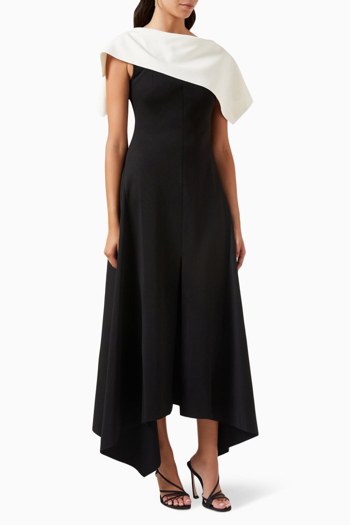 Gathered Asymmetrical Midi Dress in Double-jersey, Black