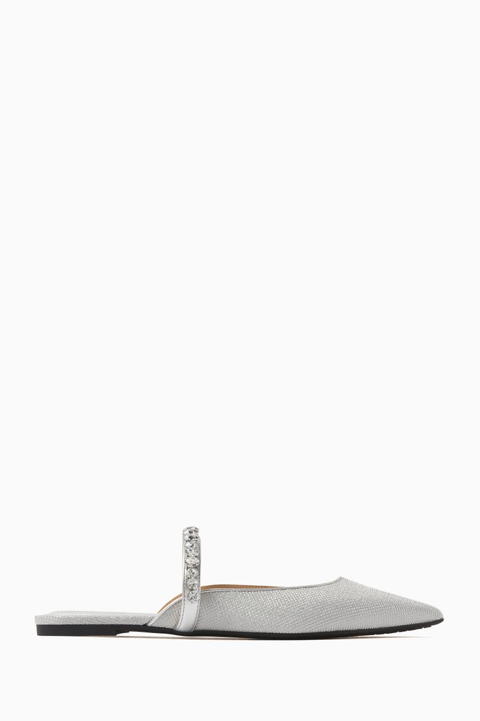 

Jessa Flex Embellished Mules in Glitter Mesh, Silver