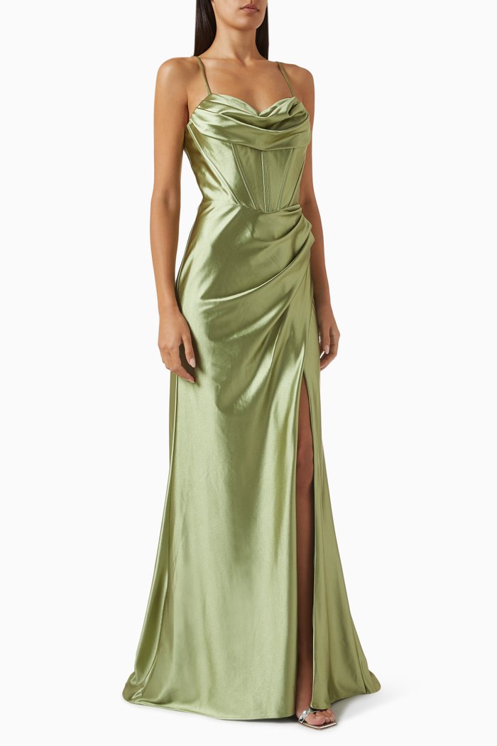 

Corset Draped Gown in Satin, Green