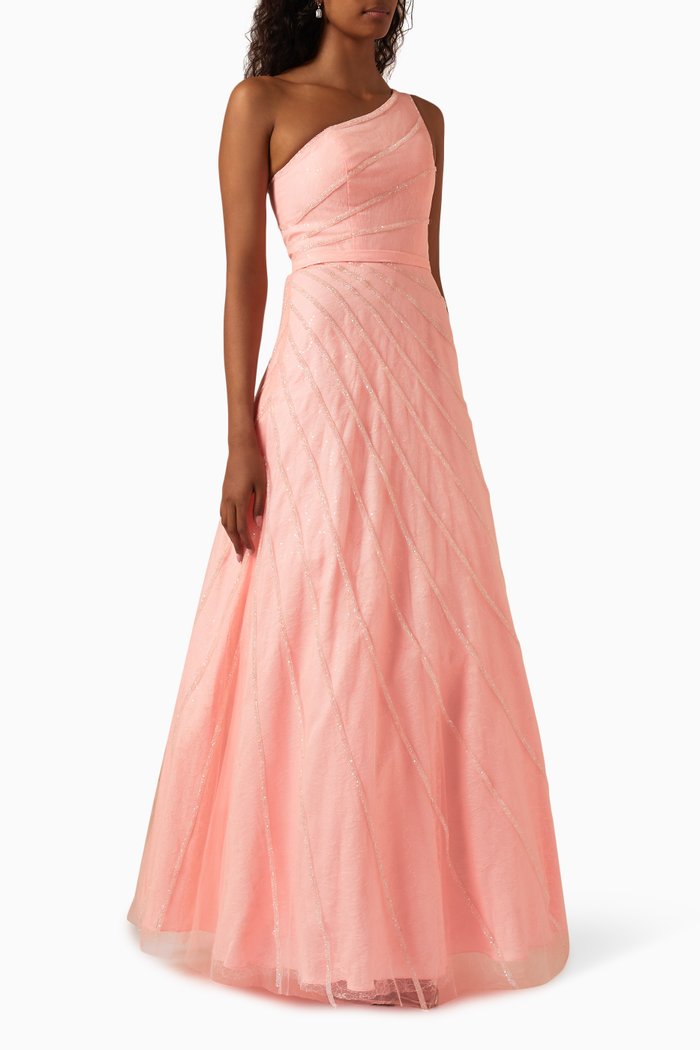 

One-shoulder Embellished Gown in Tulle, Pink