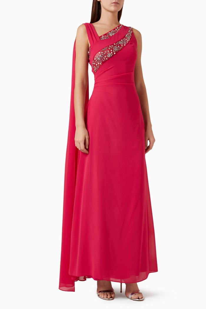 One-shoulder Gown in Georgette, Pink