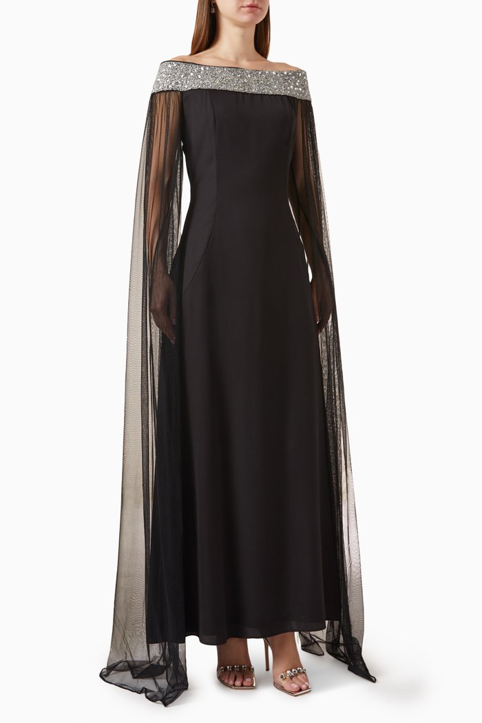 

Off-shoulder Gown in Crepe, Black