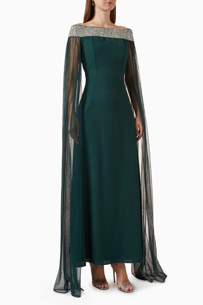 

Off-shoulder Gown in Crepe, Green