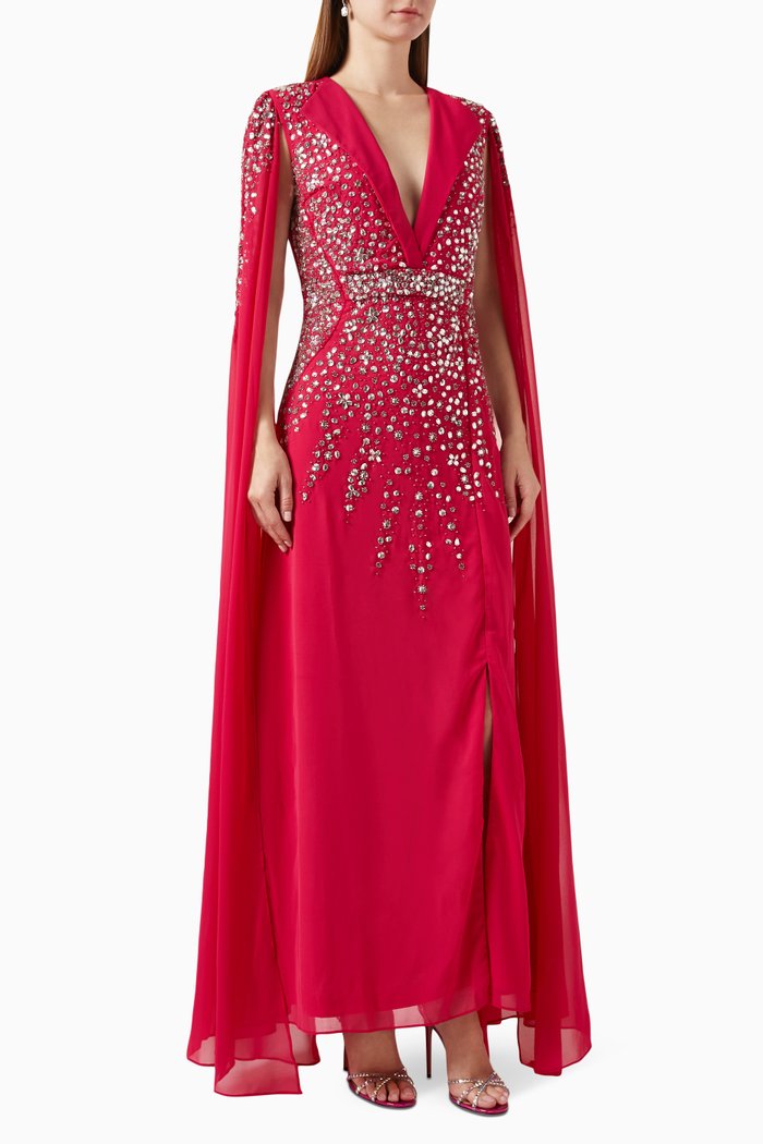 

Embellished Cape Sleeve Gown in Georgette, Pink