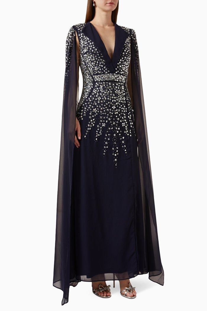 

Embellished Cape Sleeve Gown in Georgette, Blue