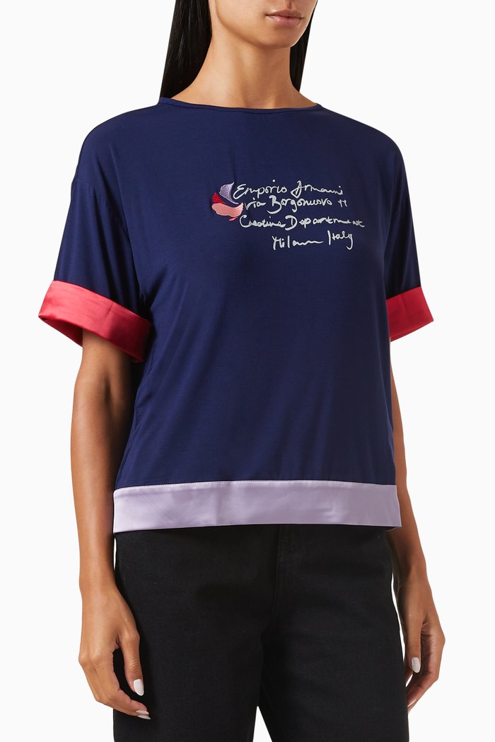 

Satin-trim Boxy T-shirt in Jersey, Blue