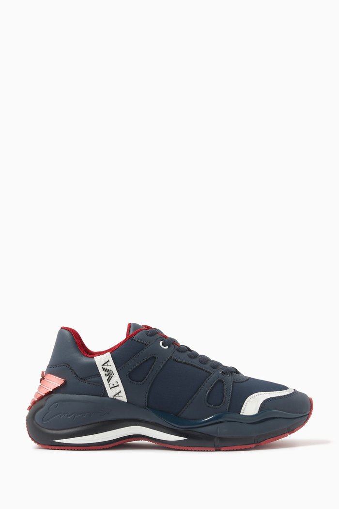 

Eagle Logo Sneakers in Mesh and Leather, Blue
