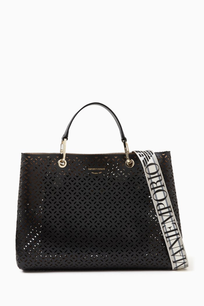 Medium MyEA Tote Bag in Perforated Faux-leather, Black