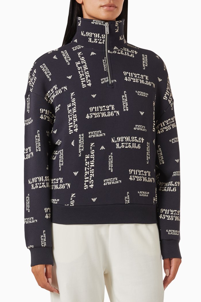

Graphic-print Half-zip Sweatshirt in Organic Cotton, Blue