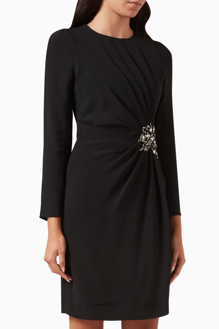 

Crystal-embellished Brooch Mini Dress in Crepe, Black