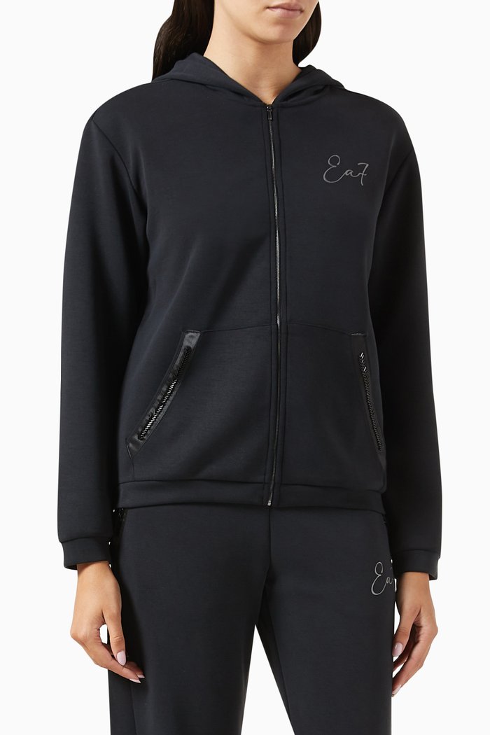 

EA7 Zip-up Hoodie in Stretch Modal-blend, Black