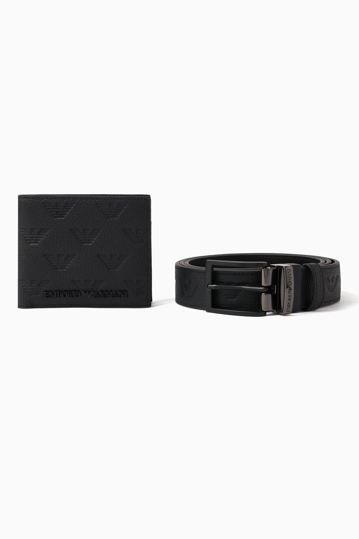 

Logo Bi-Fold Wallet and Belt Set in Leather, Black