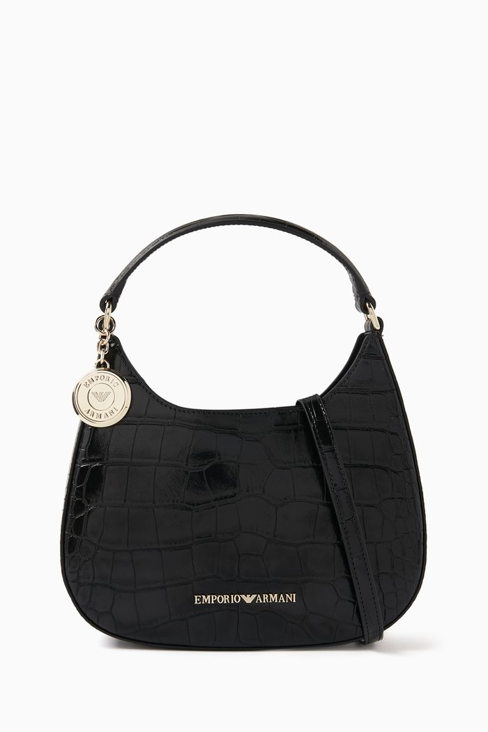 

Small Hobo Shoulder Bag in Croco-printed Leather, Black