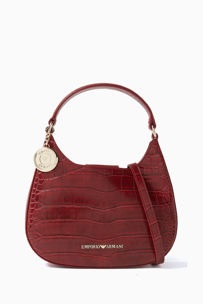 

Small Hobo Shoulder Bag in Croco-printed Leather, Red
