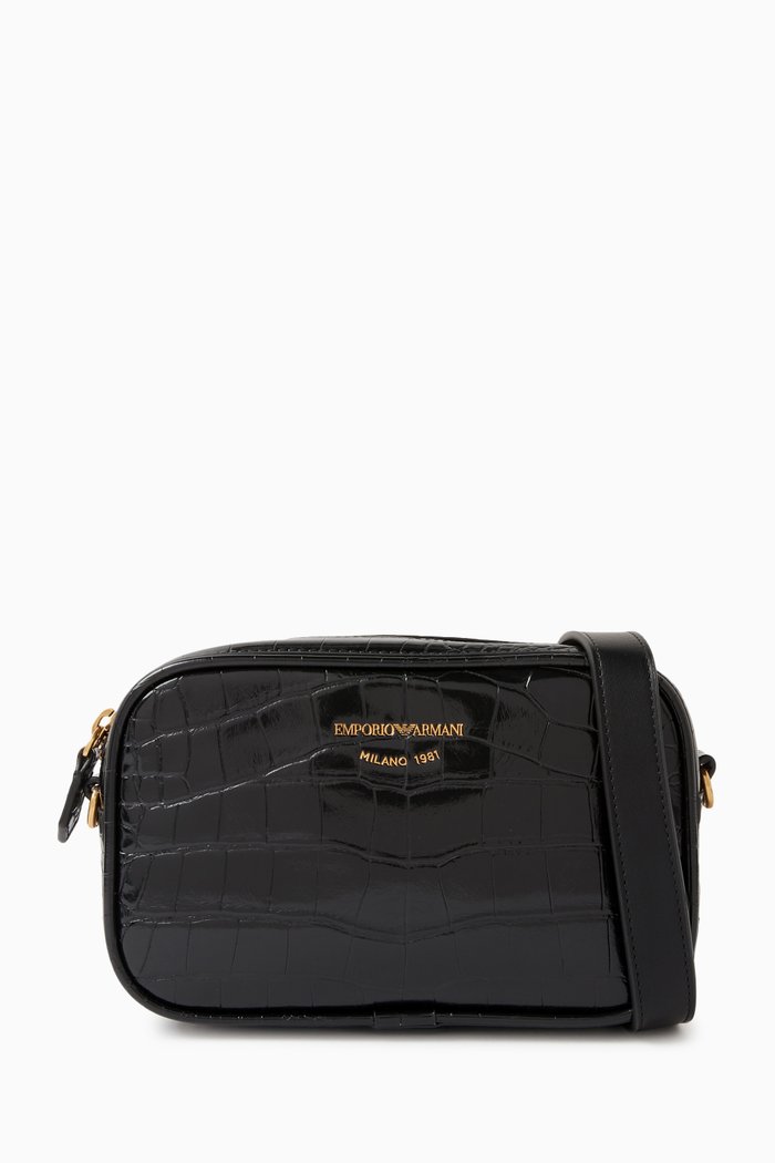 

Mini Camera Bag in Crocodile-embossed Eco Leather, Black