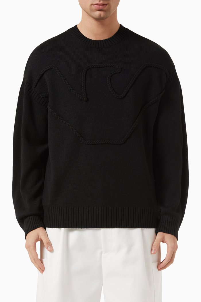 

Embroidered Logo Sweater in Knitted Cotton, Black