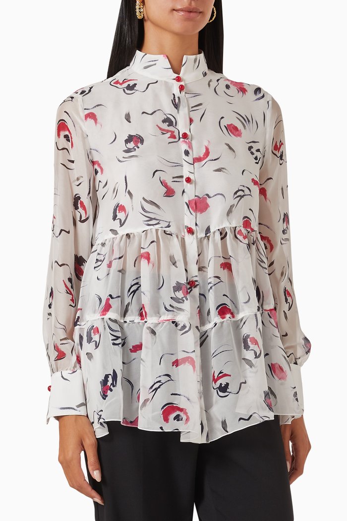 

Floral-print Tiered Shirt in Silk, White