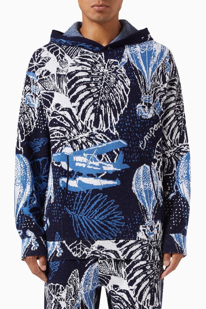 Printed Hoodie in Jacquard Knit, Blue