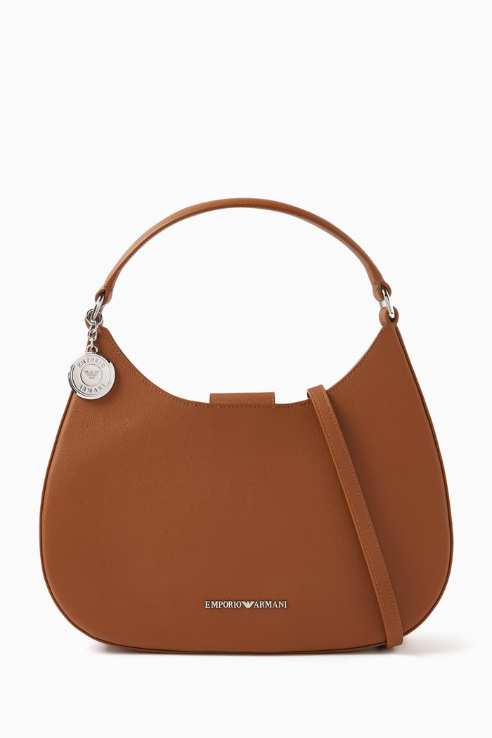 

Medium EA Hobo Bag in Grained Leather, Brown