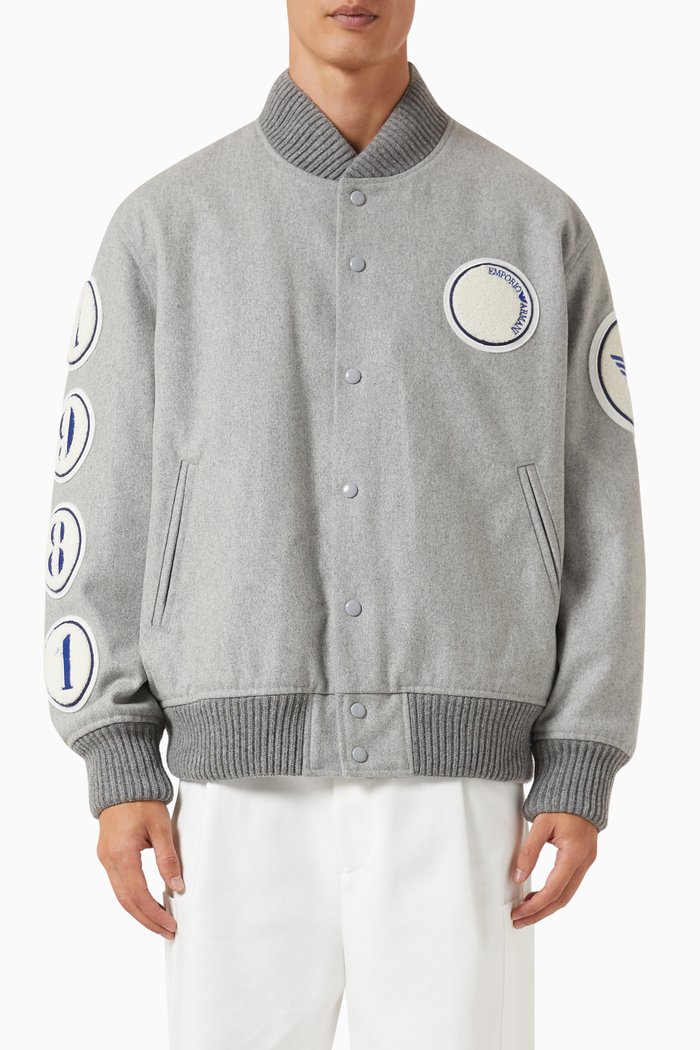 

Logo Patch Bomber Jacket in Wool Blend, Grey