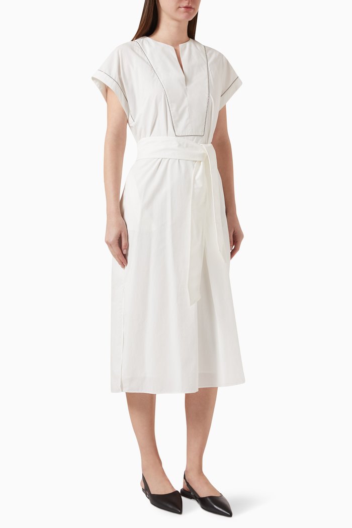 

Shiny-trim Belted Dress in Cotton-poplin, Neutral