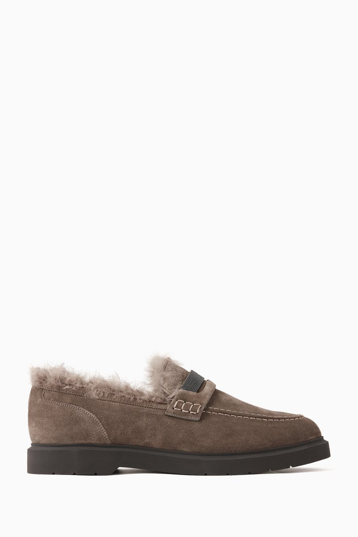 

Shearling Lined Penny Loafers in Suede Leather, Brown