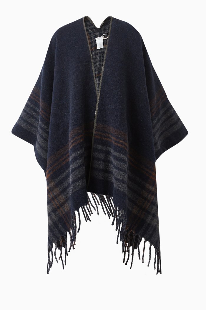 Fringed Cape Poncho in Alpaca Wool-blend, Blue