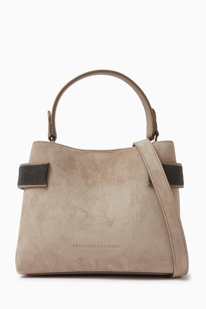 

Monili-embellished Shoulder Bag in Calfskin Suede, Brown