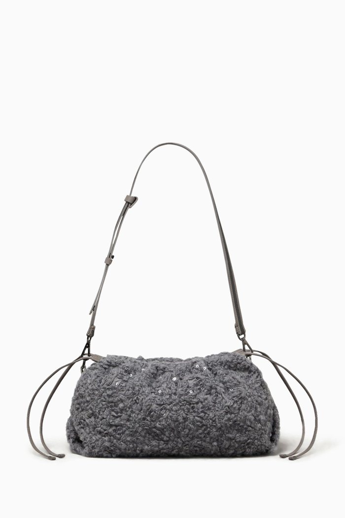 

Dazzling Flowers-embroidered Shoulder Bag in Wool, Grey