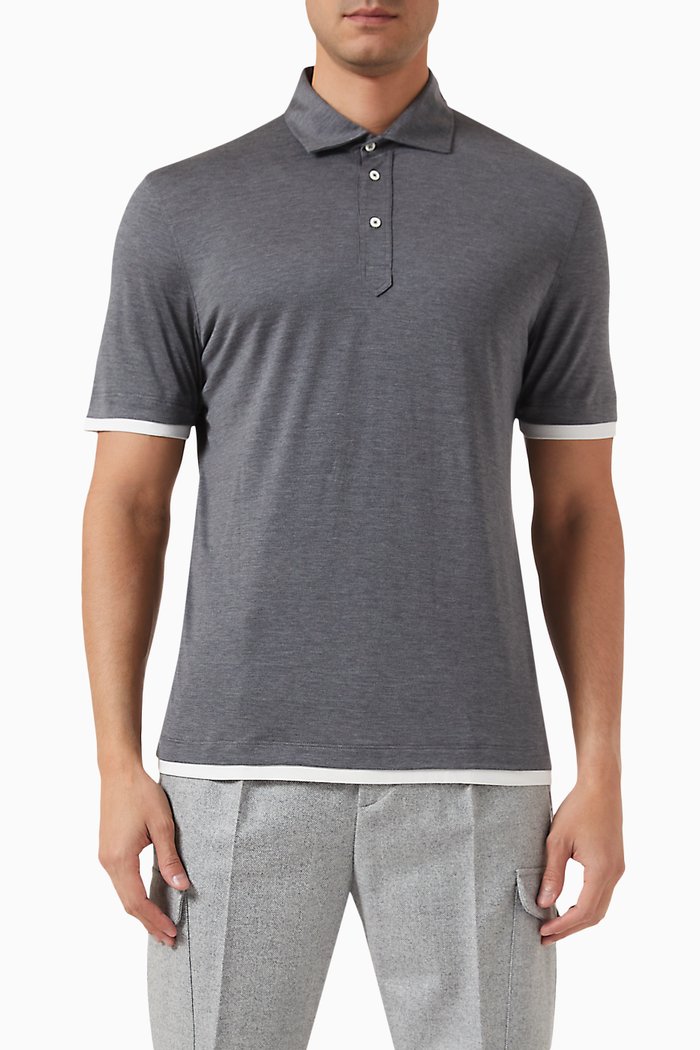 

Faux-layering Polo in Silk & Cotton Jersey, Grey
