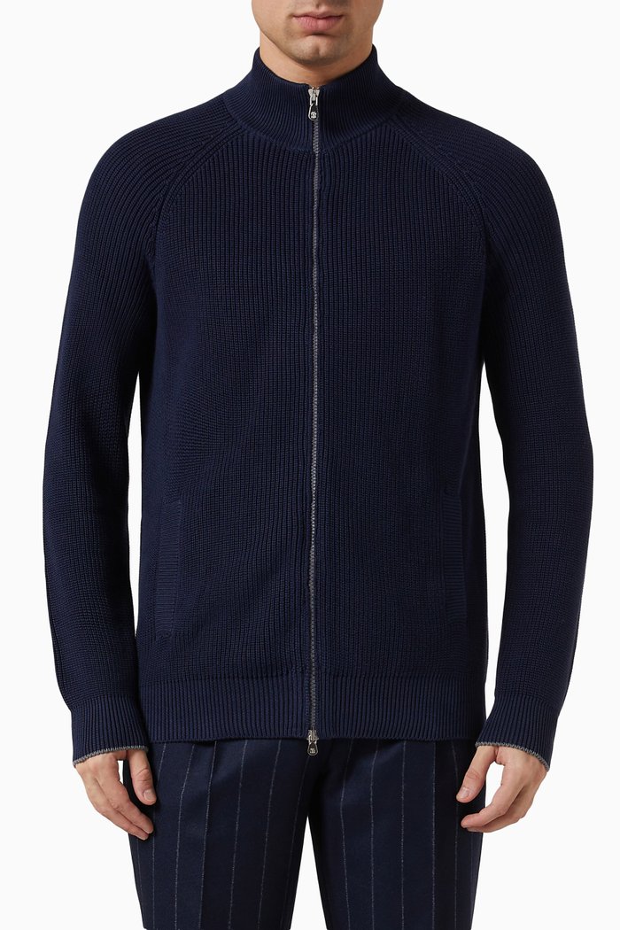 

Zip-up Cardigan in Rib Knit, Blue