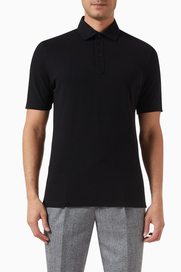 

Shirt-style Collar Polo in Cotton Piqué, Black