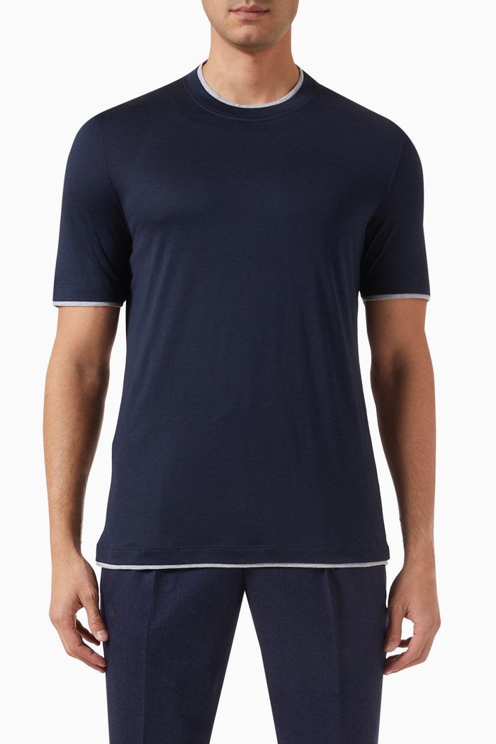 

Faux-layering T-shirt in Silk & Cotton Jersey, Blue