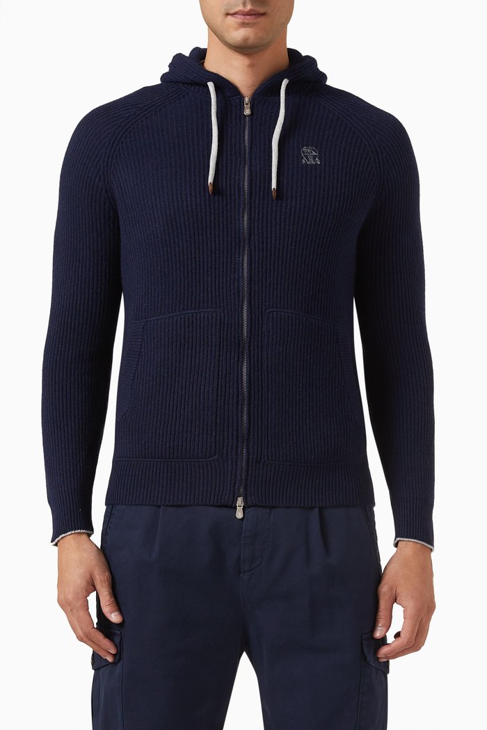 

Hooded Zip-up Cardigan in Cashmere-knit, Blue