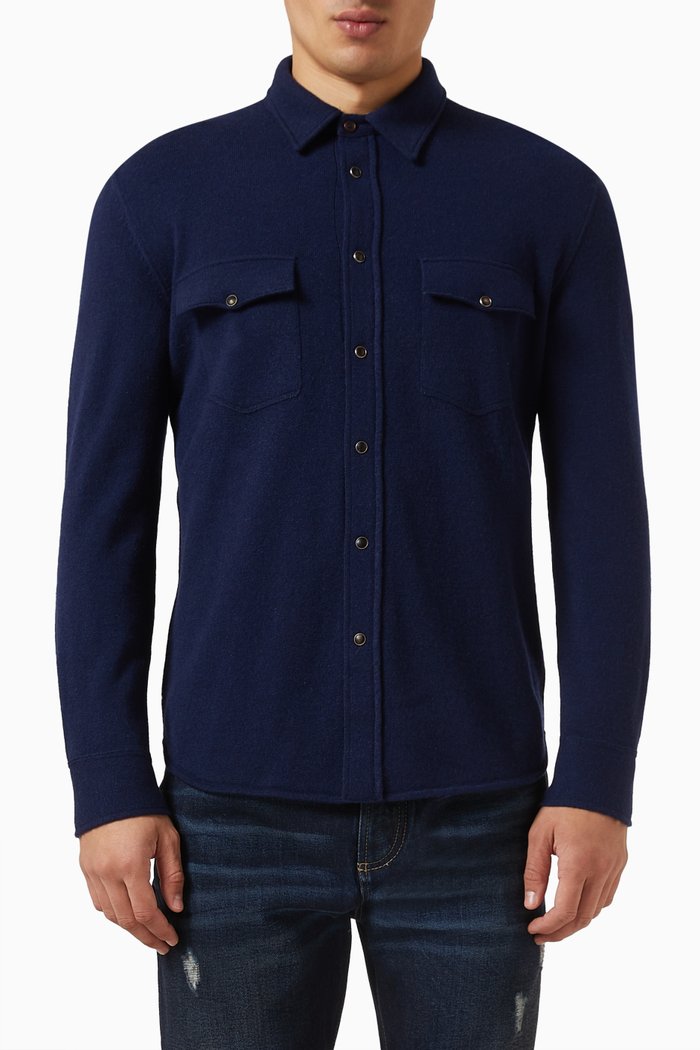 

Shirt-style Cardigan in Virgin Wool Blend Knit, Blue