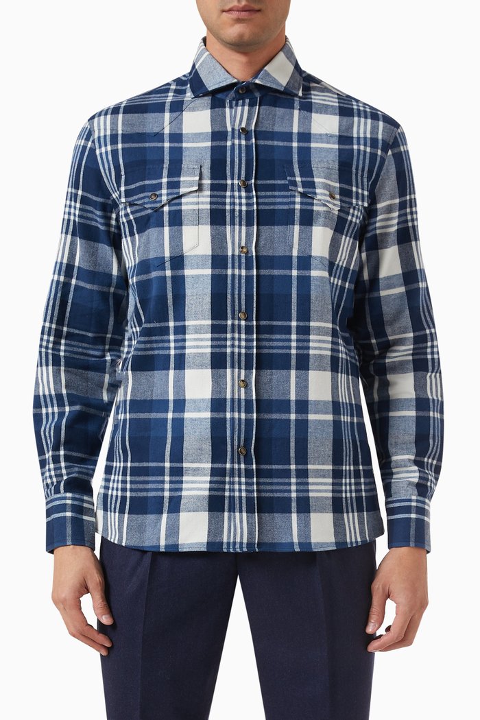 

Madras Flannel Western Shirt in Cotton, Blue