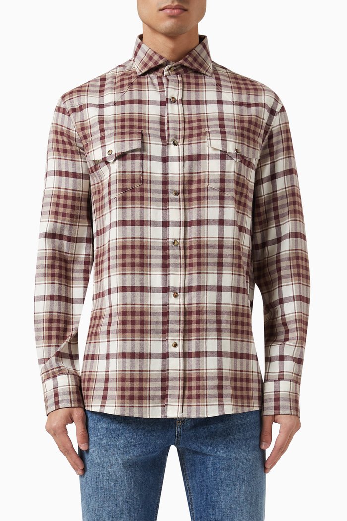 Madras Easy-fit Shirt in Cotton Flannel, White