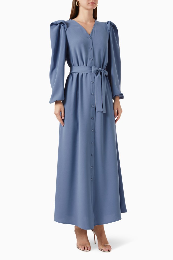 

Puff-sleeve Belted Dress, Blue