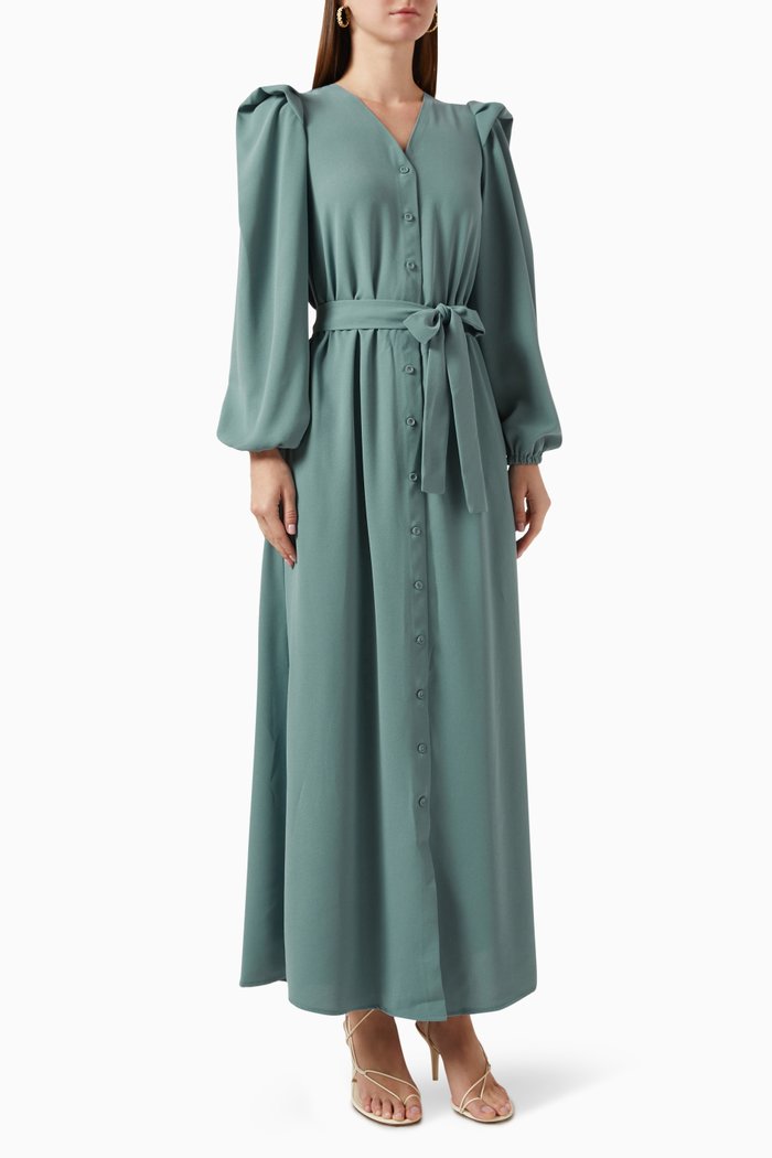 

Puff-sleeve Belted Dress, Green
