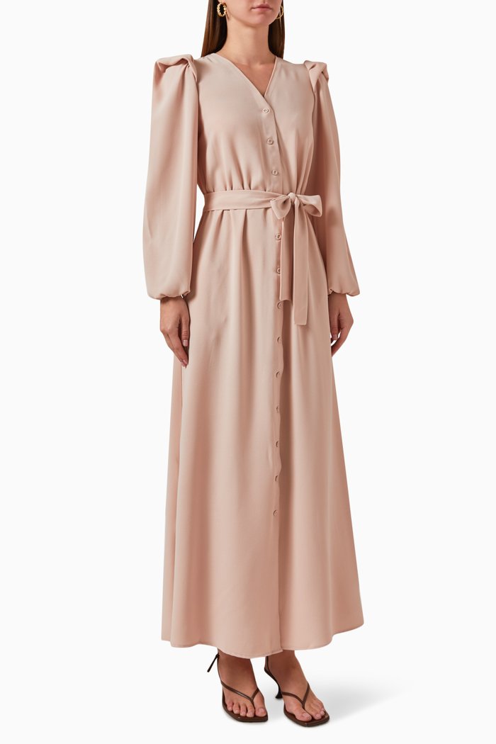 

Puff-sleeve Belted Dress, Pink