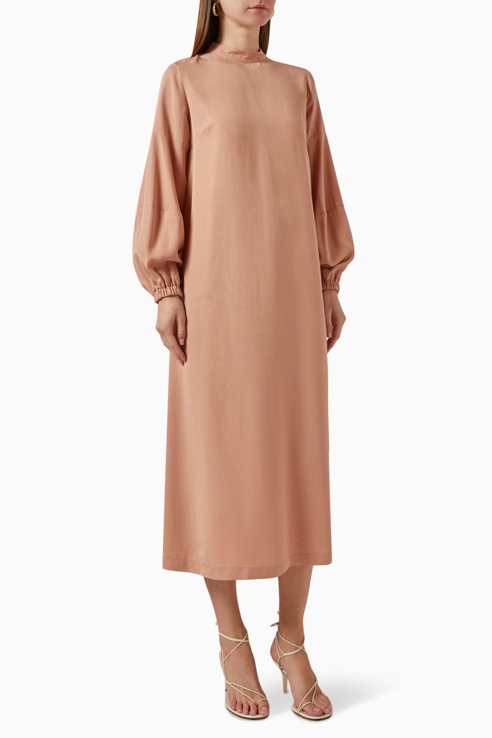 

Puff-sleeve Midi Dress, Brown