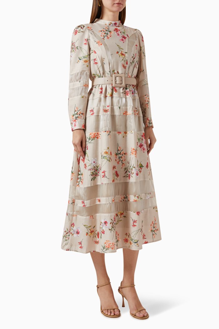 

Floral-print Belted Dress, Neutral
