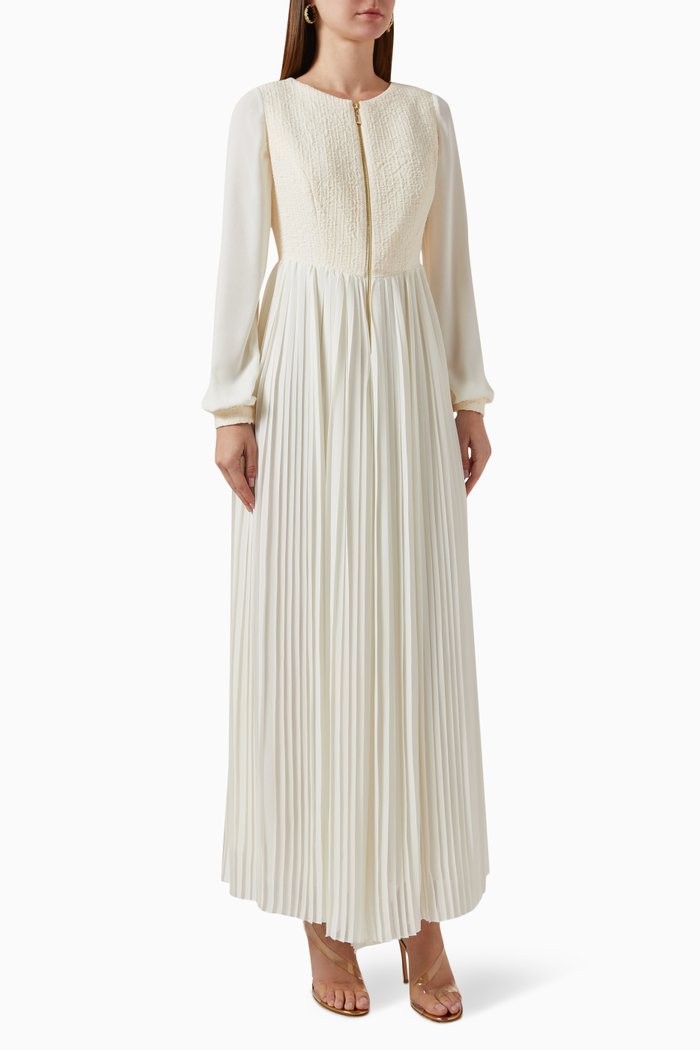 

Pleated Long-sleeve Jumpsuit, White