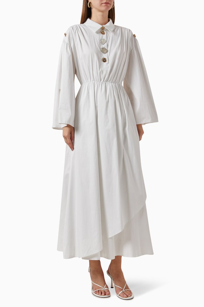 Asymmetric Button Dress, White
