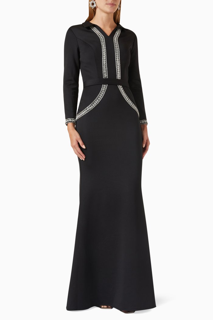 

Crystal-embellished Long-sleeve Gown, Black