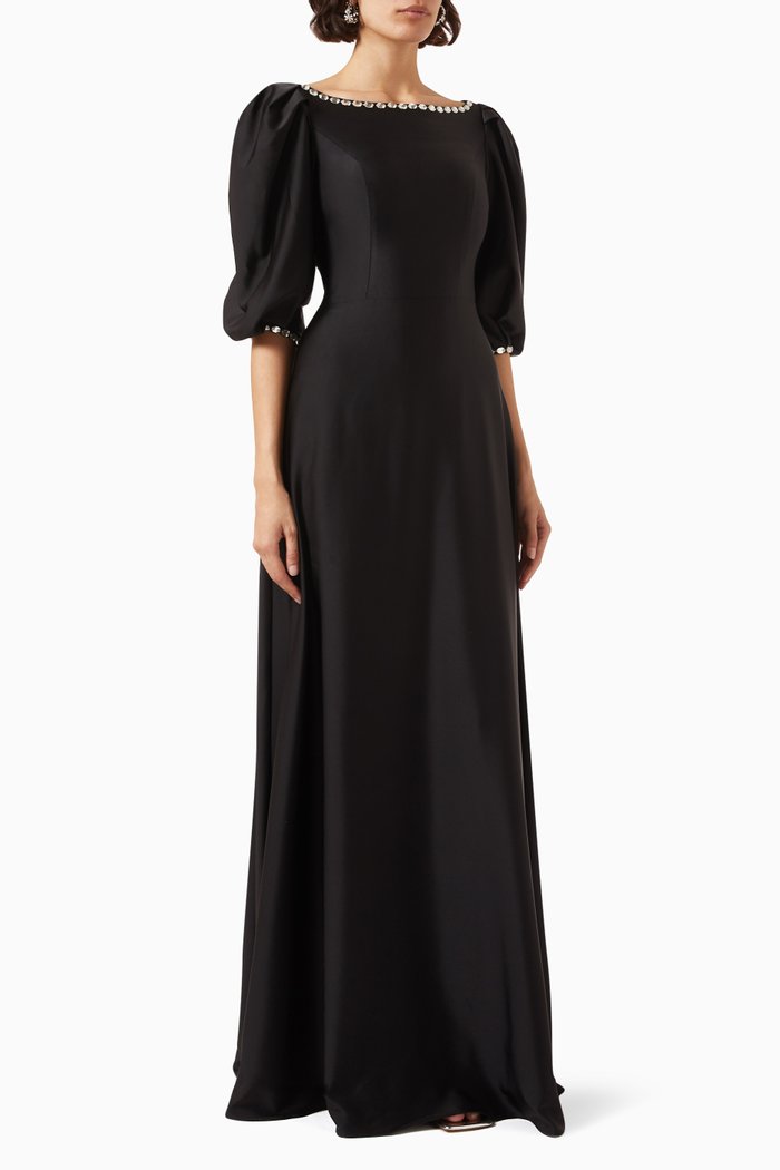 

Crystal-embellished Puff-sleeve Gown, Black