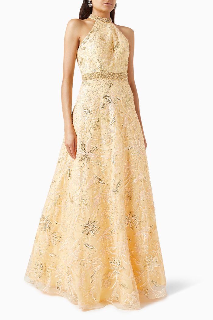 

Floral Embellished Halter-neck Gown, Gold