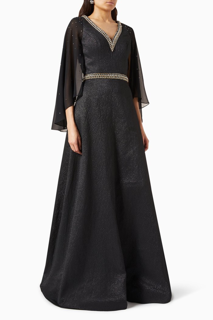 

Embellished Cape Gown in Chiffon, Black