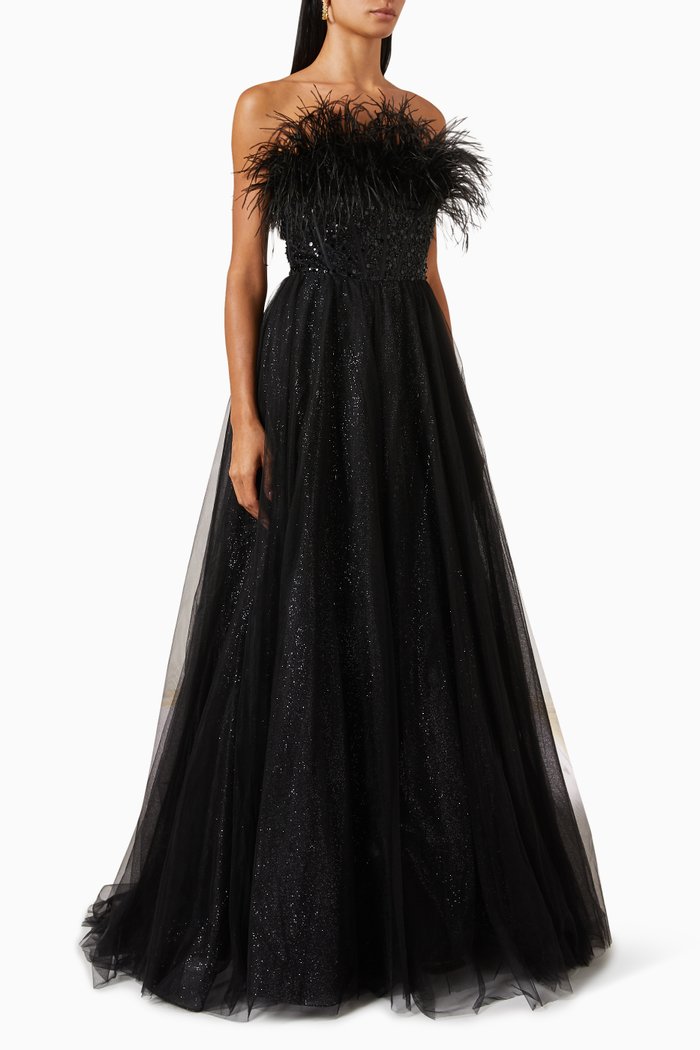 

Feather Strapless Gown, Black
