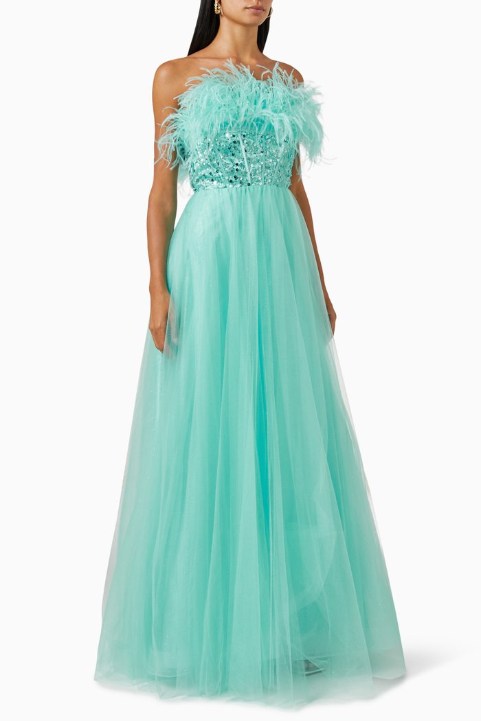

Feather Strapless Gown, Blue